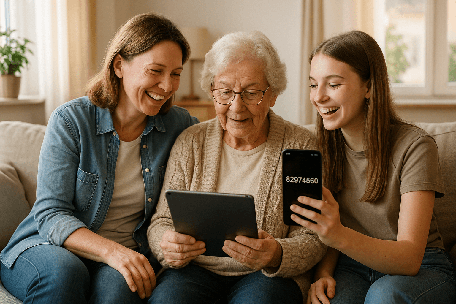 Drei Generationen sitzen zusammen auf einem Sofa, Enkelin zeigt Oma den Code