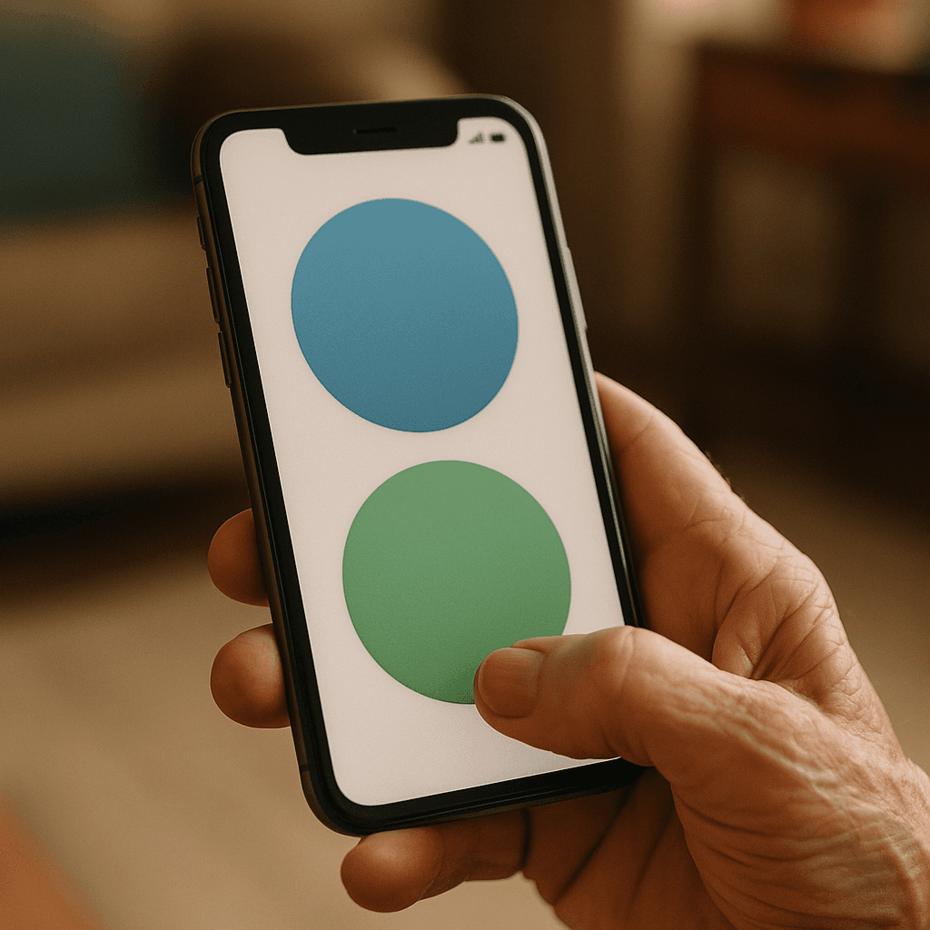 Hand einer älteren Person hält ein Smartphone mit großen, klaren Knöpfen