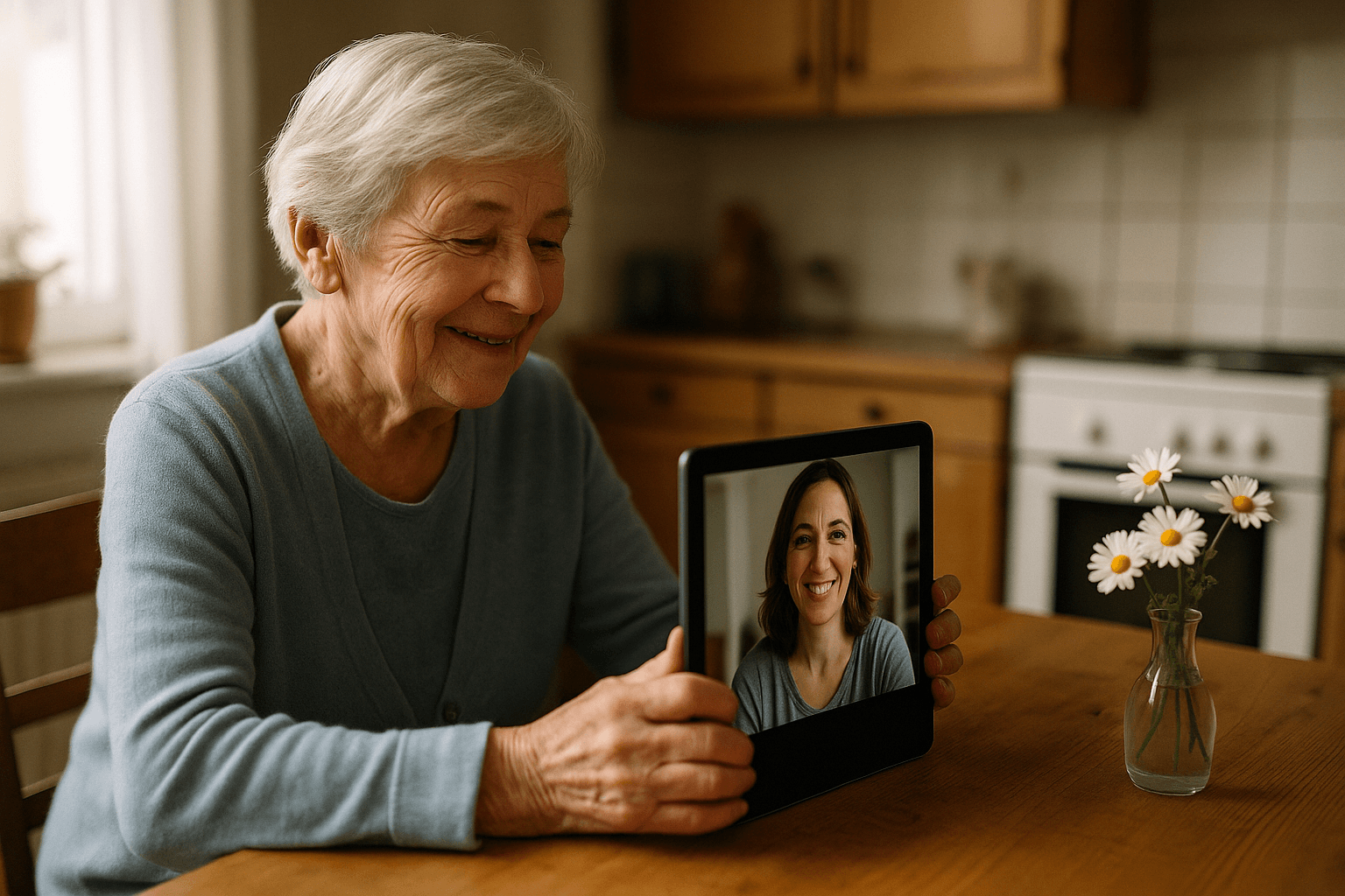 Großmutter lächelt beim Video-Anruf mit ihrer Tochter, beide am Tablet