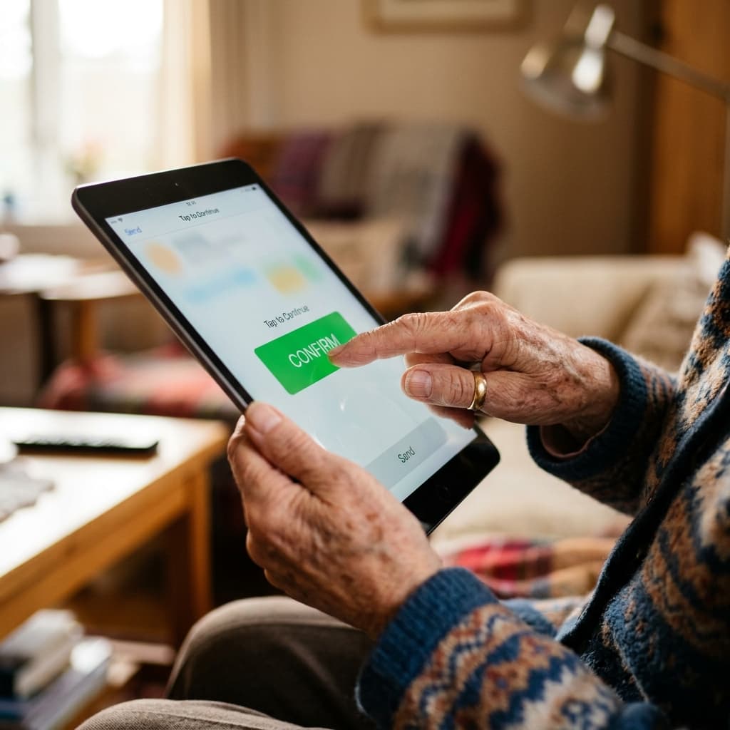 Seniorin tippt mühelos auf einen großen grünen Button auf dem Tablet